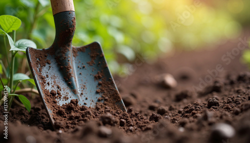 Aged gardening spade resting on rich soil, nurturing growth