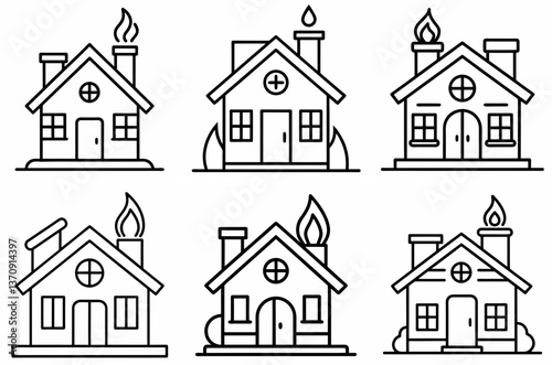 House with Fireplace Outline Coloring Book Page Line Art Drawing Set on White Background