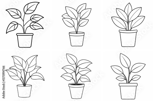 Indoor House Plant Outline Coloring Book Page Line Art Drawing Set on White Background