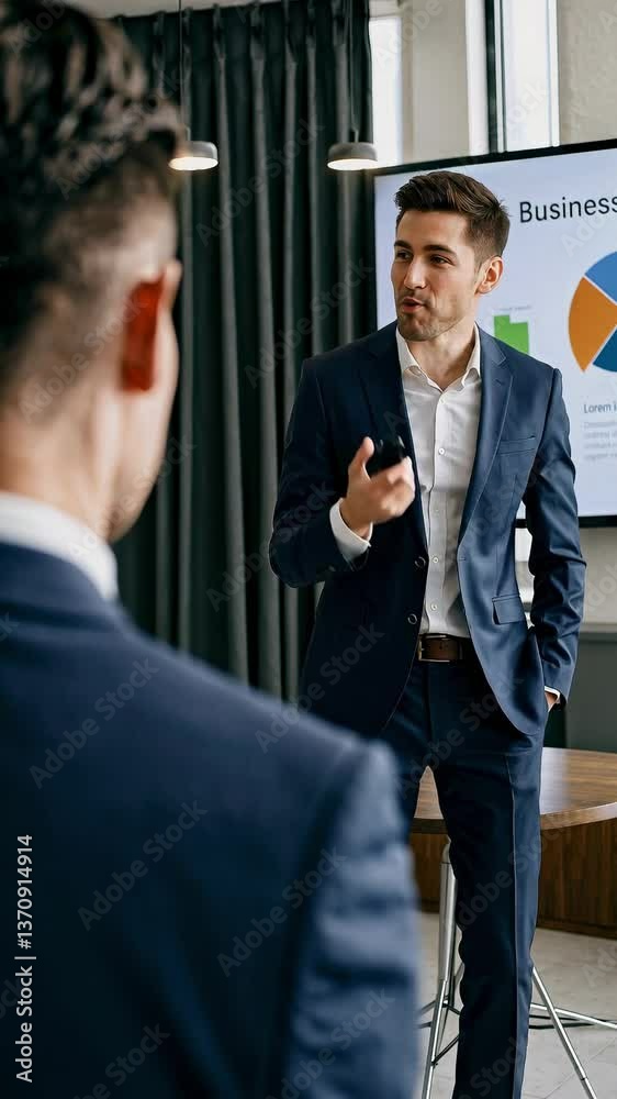 Jeune homme en costume échange avec un collègue lors d’une présentation dans une salle de réunion moderne, ambiance dynamique et professionnelle, écran affichant des graphiques
