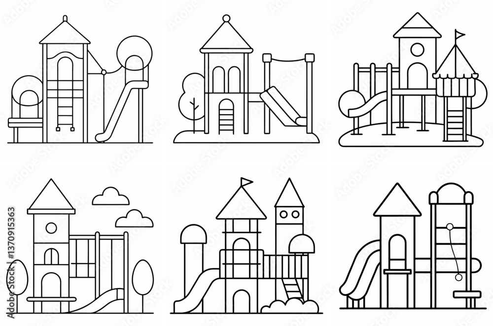 Playground Outline Coloring Book Page Line Art Drawing Set on White Background Playground Outline Coloring Book Page Line Art Drawing Set on White Background