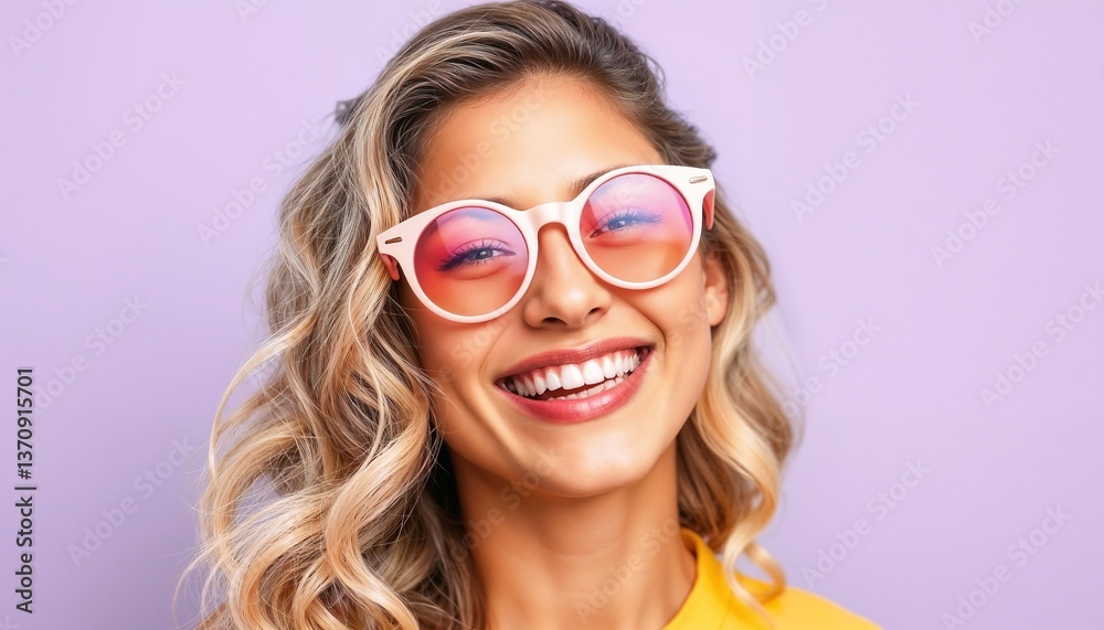Portrait of a happy woman with curly hair, wearing vibrant red sunglasses, and smiling joyfully against a purple background.
Portrait of a happy woman with curly hair, wearing vibrant red sunglasses, and smiling joyfully against a purple background.