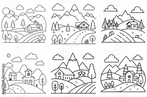Rural Landscape Outline Coloring Book Page Line Art Drawing Set on White Background