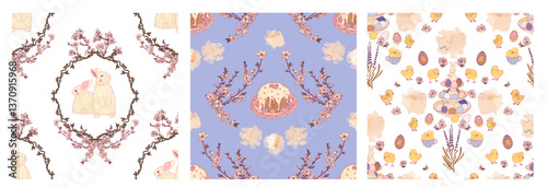 Set of three seamless Easter patterns in retro vintage style. Pastel seasonal spring floral wallpaper with bunnies and traditional April treats