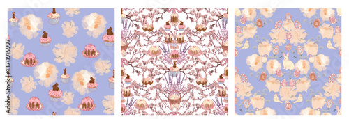 Set of three seamless Easter patterns in retro vintage style. Pastel seasonal spring floral wallpaper with bunnies and traditional April treats