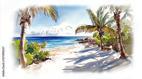 Tropical beach scene with palm trees and ocean waves  