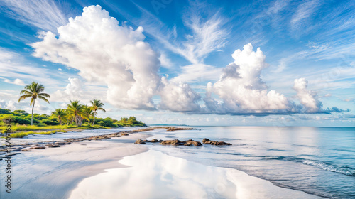 Serene beach landscape with palm trees and fluffy clouds  