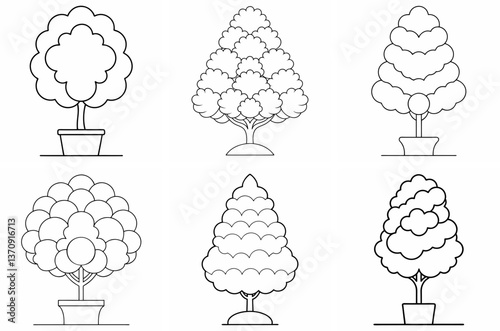 Topiary Bush Outline Coloring Book Page Line Art Drawing Set on White Background