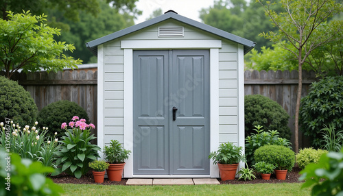 Compact gray garden shed surrounded by vibrant plants, organized storage