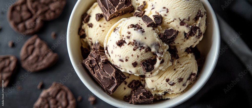 High-quality creamy vanilla ice cream topped with chocolate cookie crumbles and chunks, showcasing the rich textures and vibrant contrast between the smooth ice cream and crunchy cookies High-quality creamy vanilla ice cream topped with chocolate cookie crumbles and chunks, showcasing the rich textures and vibrant contrast between the smooth ice cream and crunchy cookies