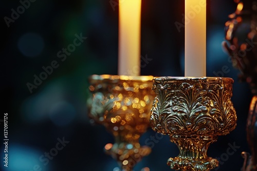 Elegant gold candle holders adorned with intricate floral patterns illuminate with soft, flickering candlelight, creating a warm ambiance.