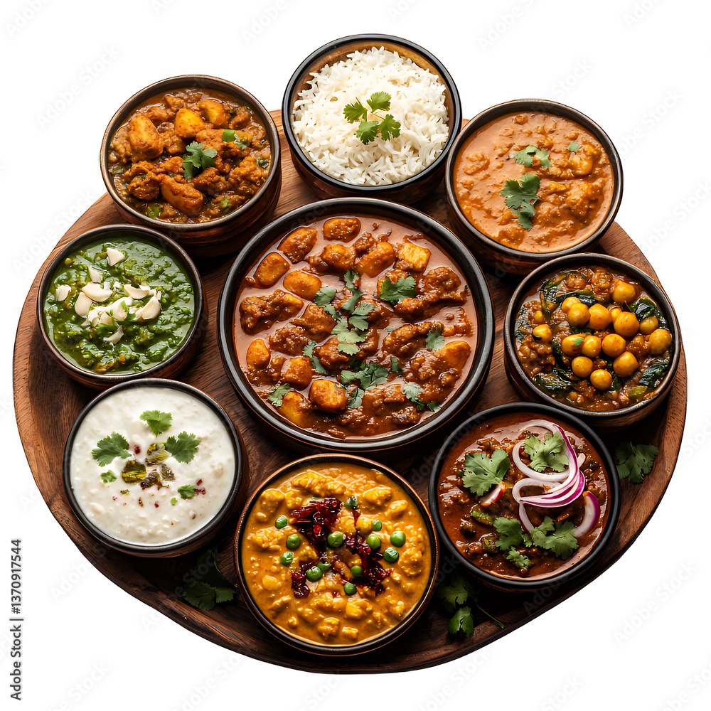 An array of vibrant Indian dishes including rice and curries on a wooden platter. An array of vibrant Indian dishes including rice and curries on a wooden platter.