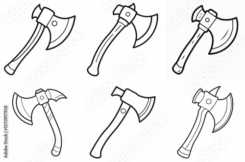 Wooden Ax Outline Coloring Book Page Line Art Drawing Set on White Background
