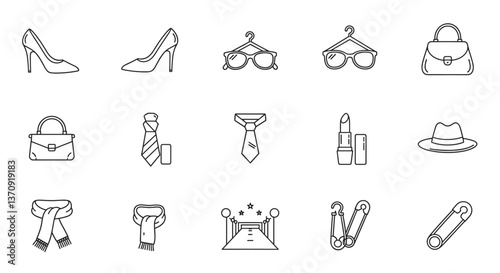 Line art icons of fashion accessories and beauty products.