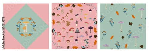 Photos Set of three seamless decorative forest patterns in retro vintage style