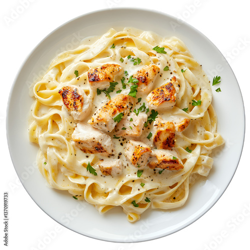 Delicious pasta fettuccine with grilled chicken and creamy Alfredo sauce.