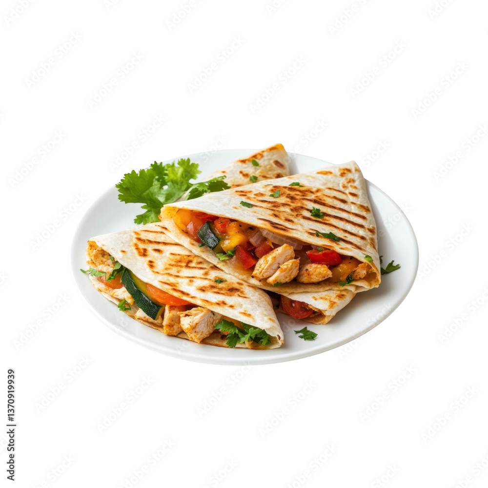 A simple quesadilla filled with chicken and colorful vegetables sits on a white plate, garnished with fresh herbs for added flavor. A simple quesadilla filled with chicken and colorful vegetables sits on a white plate, garnished with fresh herbs for added flavor.