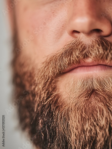 close-up of a thick well-groomed beard with sharp skin details, rugged masculine style stock photo