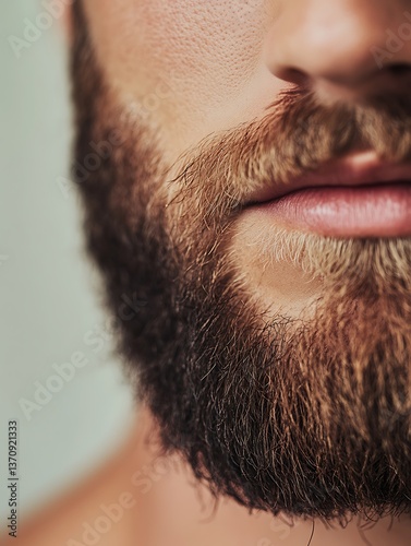 close-up of a thick well-groomed beard with sharp skin details, rugged masculine style stock photo