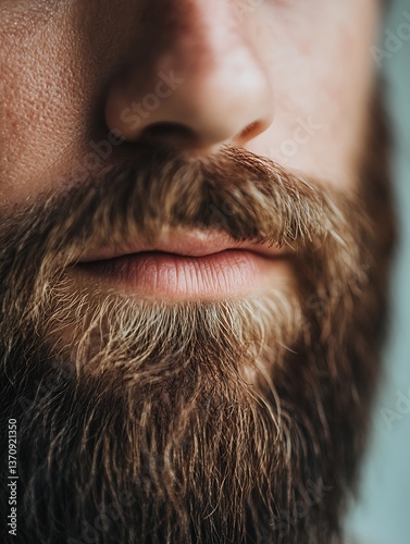 close-up of a thick well-groomed beard with sharp skin details, rugged masculine style stock photo
