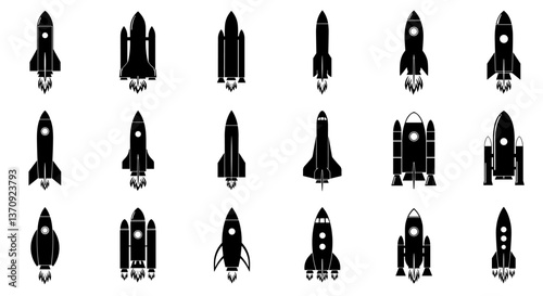 Collection of black rocket ship illustrations.