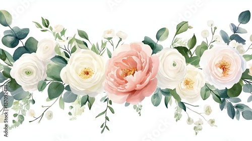 Elegant floral garland featuring pink garden roses and creamy peonies with greenery for wedding decorations or invitations