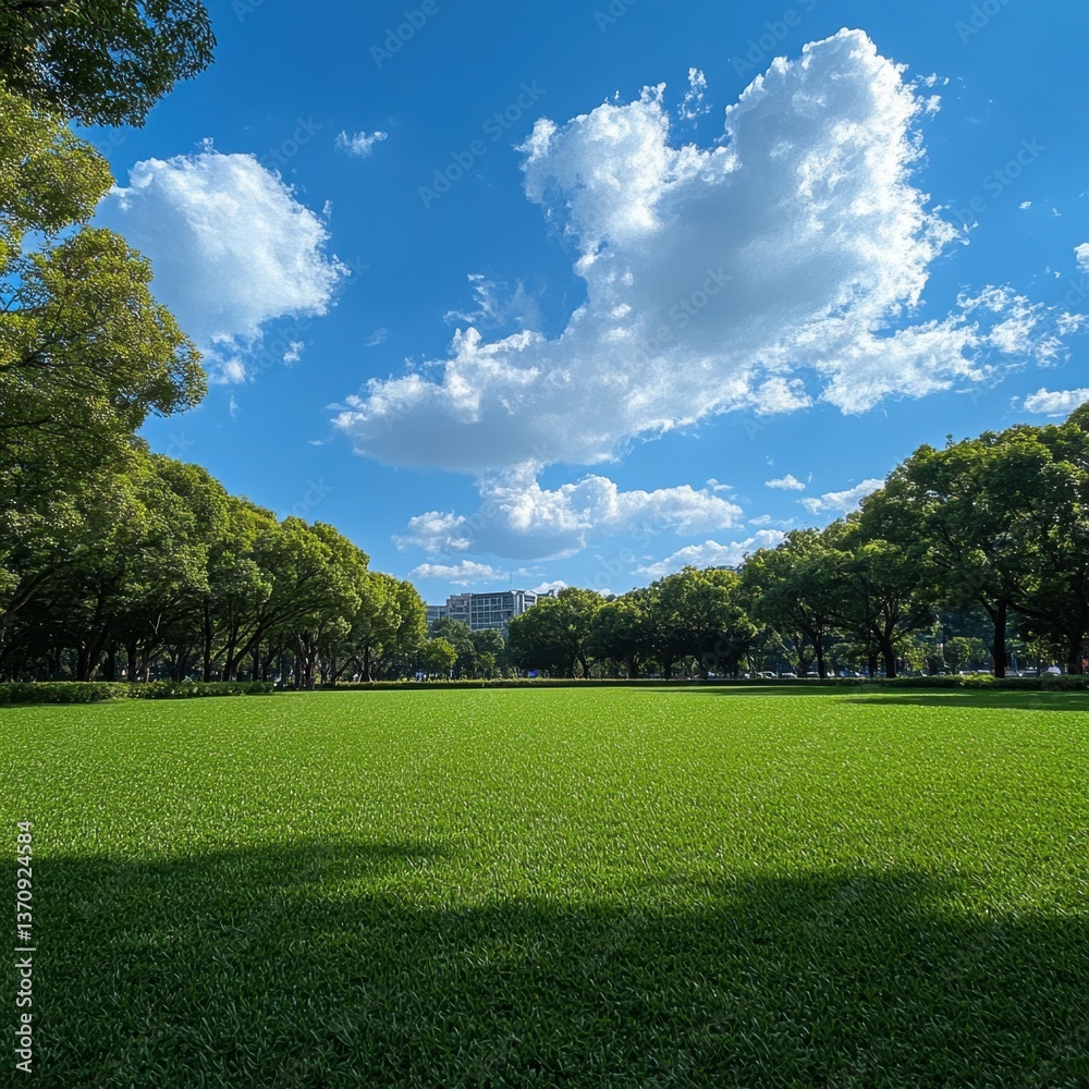 Fototapeta premium Lush green field under a bright blue sky with fluffy white clouds framed by trees in a serene park setting