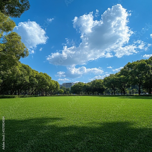 Fototapeta Naklejka Na Ścianę i Meble -  Lush green field under a bright blue sky with fluffy white clouds framed by trees in a serene park setting