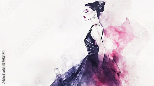 Elegant portrayal of high fashion photoshoot featuring a model in striking attire on a soft watercolor background