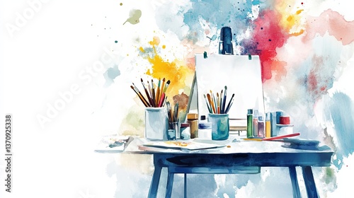Creative artist studio with vibrant watercolors on white background inspiring imagination and creativity in a passionate workspace