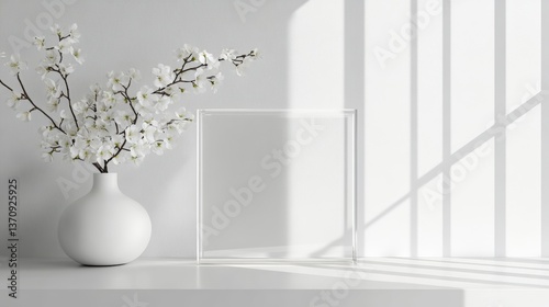 Vase with cherry blossoms on white shelf