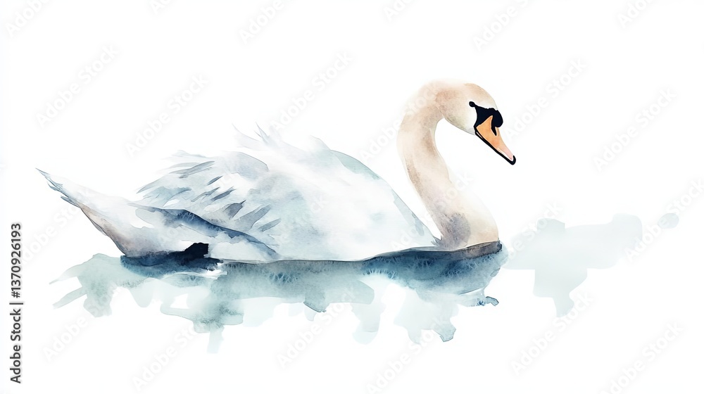 Obraz premium Elegant watercolor representation of a swan gliding gracefully across a tranquil surface with serene touches of color and minimalist style