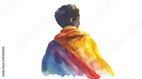Joseph stands proudly with his colorful coat in a serene watercolor illustration on a clean white background showcasing vibrant hues and bold creativity