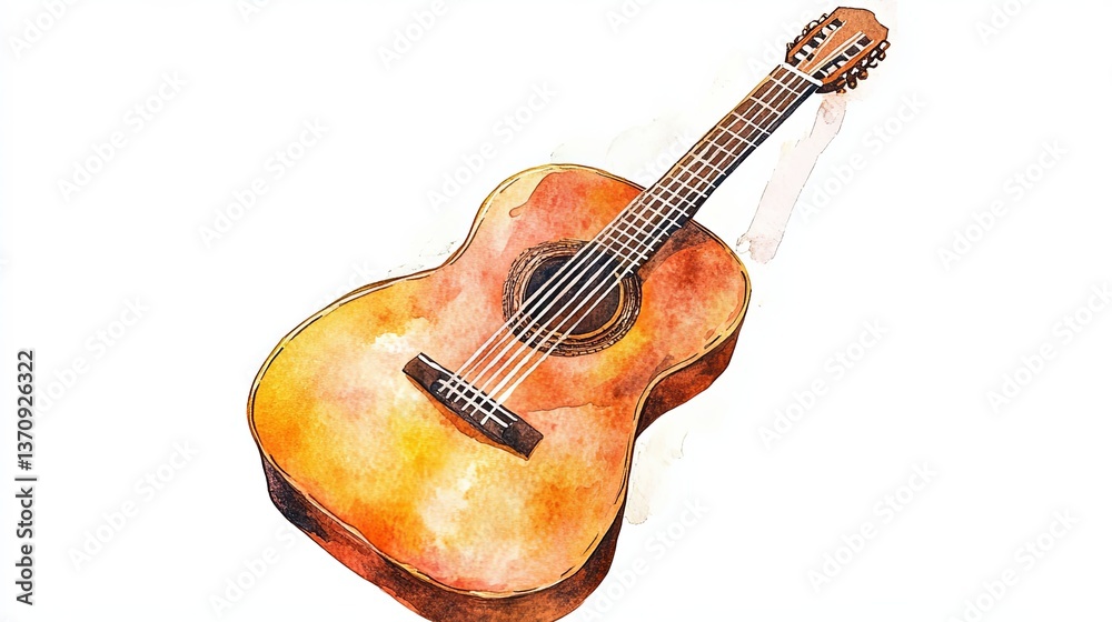 Obraz premium Watercolor depiction of a classical guitar showcasing elegance and simplicity on a clean white background