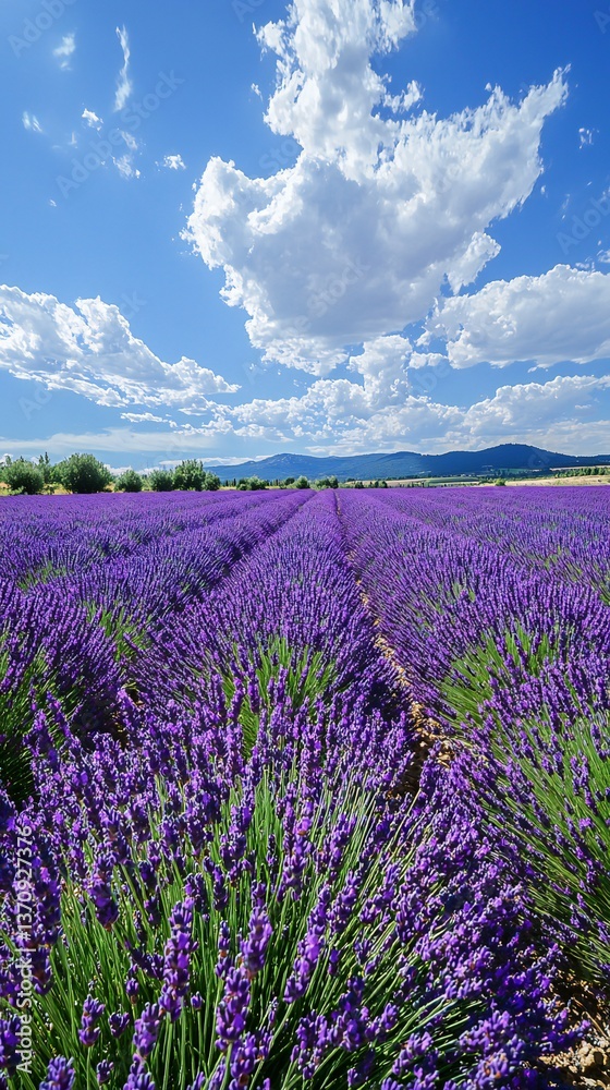 Naklejka premium Picturesque Lavender Field Under a Sunny Sky with Fluffy Clouds Rows of Purple Lavender Flowers Stretching to the Horizon Scenic Summer Landscape
