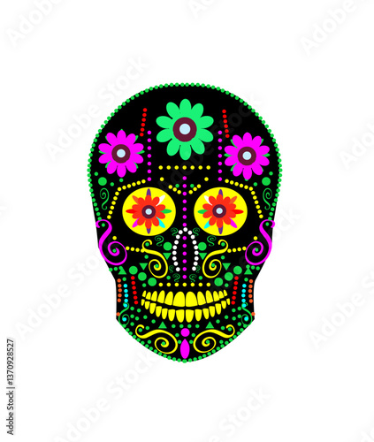 Sugar floral Skull Design. The image showcases a colorful sugar skull design, a traditional symbol of Día de Muertos (Day of the Dead). The skull is black with intricate details in vibrant colors