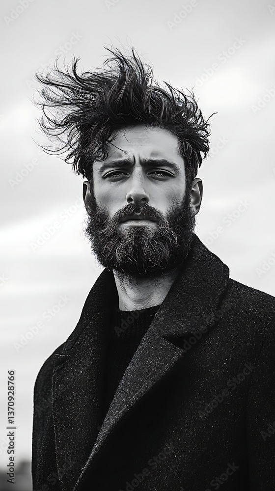 Fototapeta premium Powerful portrait of bearded man wearing wool coat with wind blowing through his hair and deep gaze in moody cinematic shot