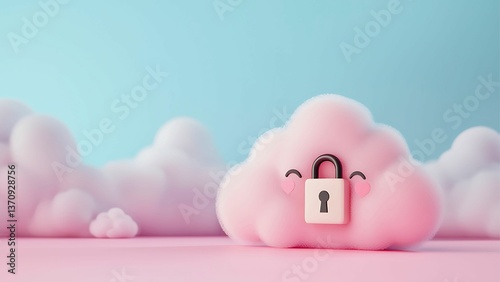 A cute, fluffy pink cloud with a smiling face, securely locked with a padlock, against a pastel sky backdrop, representing data protection.