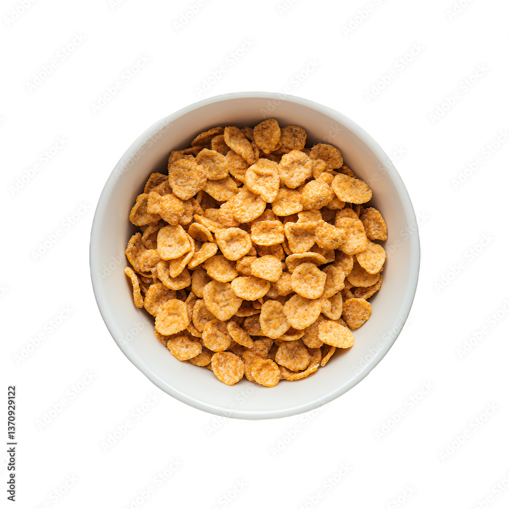 A close-up of golden cornflakes in a white bowl, perfect for breakfast. A close-up of golden cornflakes in a white bowl, perfect for breakfast.