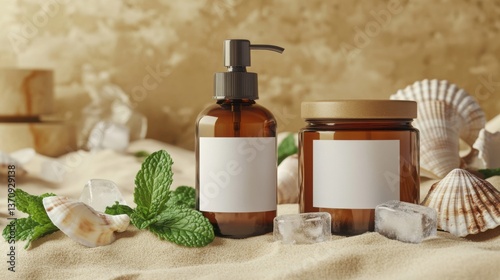 Gorgeous tropical flat lay of skincare essentials: a classic pump bottle and a rounded jar with blank labels ice cubes mint leaves and seashells artfully arranged on soft sand