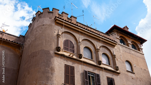 Typical old building facade in the Garbatella district in Rome, Italy