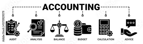 Accounting banner web icon vector illustration concept for business and finance with icons solid black color symbol background.