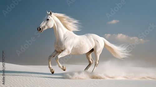 White horse gallops across sweeping sand dunes under a brilliant blue sky. A stunning display of power and grace