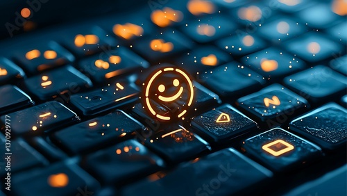 An illuminated emoji symbol on a keyboard, concept of digital communication. Focus on a key with the smiley face lit up, set against a backdrop of other keyboard keys. 