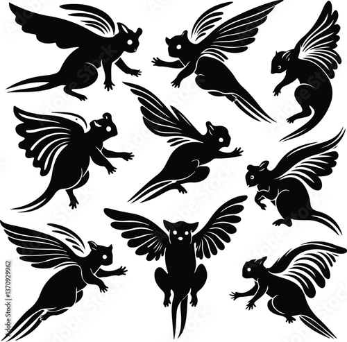 Sugar marsupial fly, or sugar flying posum Silhouette of a sugar glider Sugar glider animal design, illustration, vector with black color, pink background. Sugar glider flies. Monochrome contour vecto