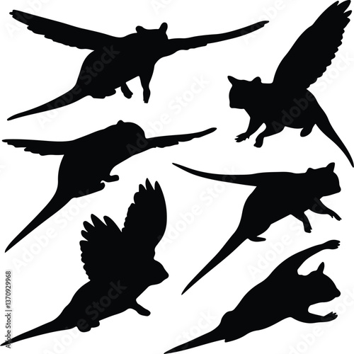 Sugar marsupial fly, or sugar flying posum Silhouette of a sugar glider Sugar glider animal design, illustration, vector with black color, pink background. Sugar glider flies. Monochrome contour vecto