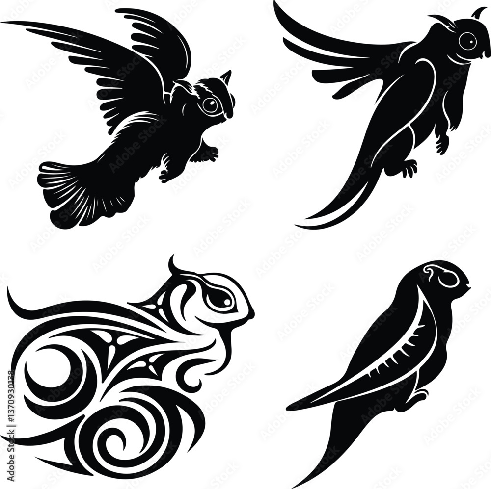 Obraz premium Sugar marsupial fly, or sugar flying posum Silhouette of a sugar glider Sugar glider animal design, illustration, vector with black color, pink background. Sugar glider flies. Monochrome contour vecto