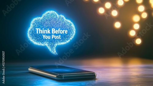 A conceptual image emphasizing mindful social media usage, featuring a glowing speech bubble over a phone with the text 