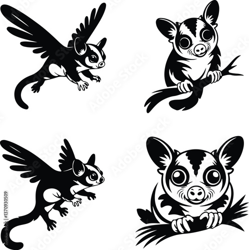 Sugar marsupial fly, or sugar flying posum Silhouette of a sugar glider Sugar glider animal design, illustration, vector with black color, pink background. Sugar glider flies. Monochrome contour vecto