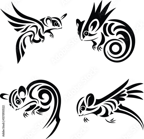 Sugar marsupial fly, or sugar flying posum Silhouette of a sugar glider Sugar glider animal design, illustration, vector with black color, pink background. Sugar glider flies. Monochrome contour vecto